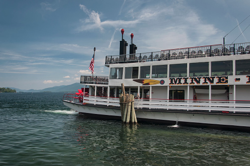 Lake George, New York. July 10, 2019. The landmark Minne Ha Ha Ferry docked on Lake George New York on a sunny day.