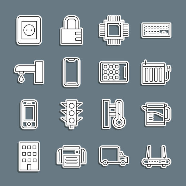 set line router und wi-fi-signal, wasserkocher, heizkörper, prozessor mit mikroschaltungen cpu, smartphone, wasserhahn, steckdose und grafiktablett-symbol. vektor - pill computer telephone cpu stock-grafiken, -clipart, -cartoons und -symbole