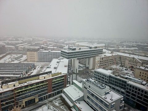 Werksviertel München. The image shows the new city district with several office buildings during winter season. The Werksviertel is still under development.