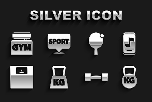 Set Weight Music player Kettlebell Dumbbell Bathroom scales Racket and ball Sports nutrition and Location gym icon. Vector.