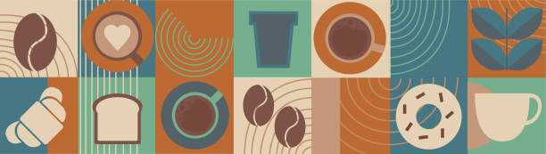 ilustraciones, imágenes clip art, dibujos animados e iconos de stock de pattern with coffee theme in geometric minimalistic style. - coffee circle coffee bean label