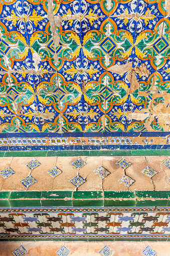 Old tile bench at the Plaza de España near Maria Luisa Park's edge, Seville, Andalusia, Spain