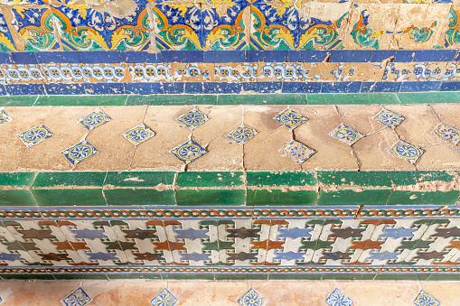 Old tile bench at the Plaza de España near Maria Luisa Park's edge, Seville, Andalusia, Spain