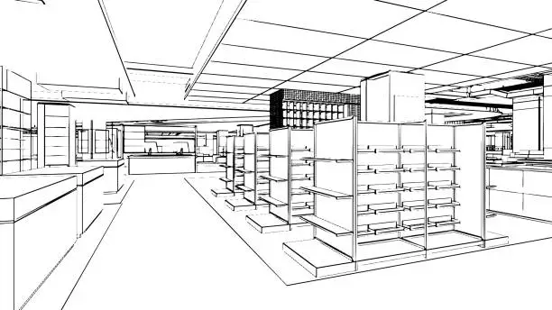 Vector illustration of line drawing of a shop selling product for a department store,3d rendering