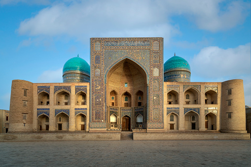 Islamic Educational and Spiritual-educational building of the Miri Arab Madrasah on a sunny day, Bukhara, Uzbekistan