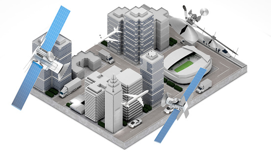 Using satellite communications to capture transportation locations in large cities.,3D rendering