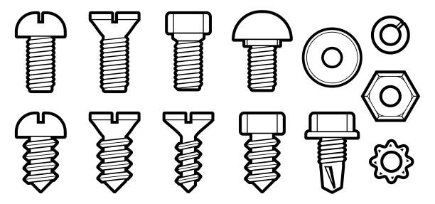 나사, 볼트, 너트 및 패스너. 고정용 하드웨어 모음입니다. - bolt screw vector threaded stock illustrations