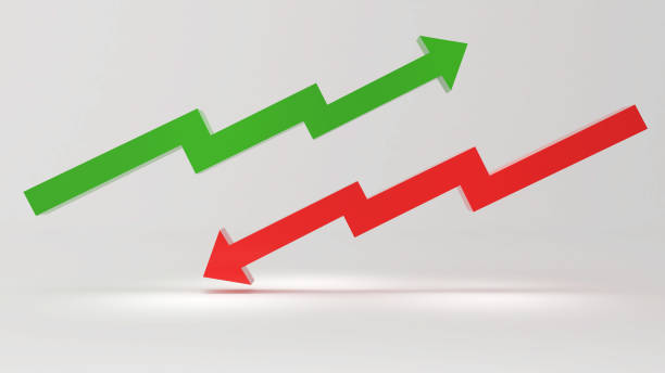 istock Green arrow pointing up and red arrow pointing down on a light gray background,Business Finance Rising Prices and Assets,3D rendering 1897531399