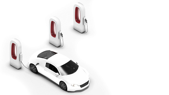 EV charging station for electric cars for the future of clean energy and electric car battery plug with EV charging station,3d rendering