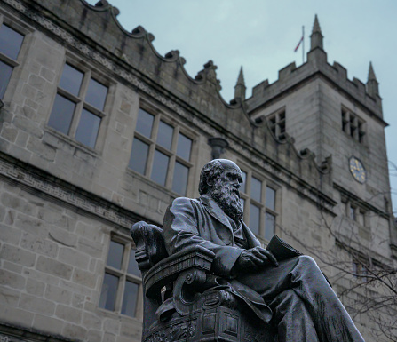 Statue of Charles Darwin was built in 1897. Charles Robert Darwin was born on the 12th of February 1809. His statue is located at Castle Gates Library which, at one time, was home to Shrewsbury School, where Charles Darwin was educated