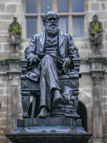 Statue of Charles Darwin was built in 1897. Charles Robert Darwin was born on the 12th of February 1809. His statue is located at Castle Gates Library which, at one time, was home to Shrewsbury School, where Charles Darwin was educated