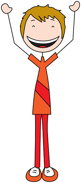 Cartoon illustration of an excited by laughing with hands in the air