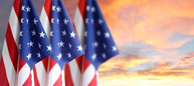 American flags in bright sky