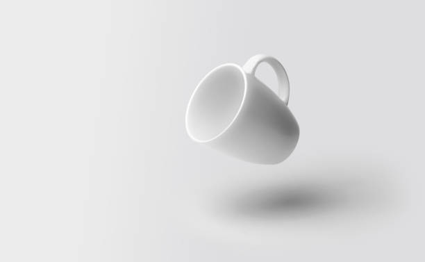 Mockup of funny flying coffee cup or mug, white color, isolated, on a plain background, ready to overlay designs or logos for merchandising