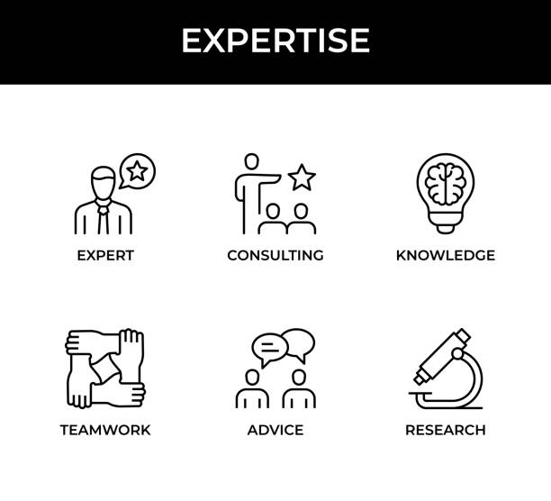 stockillustraties, clipart, cartoons en iconen met expertise, consulting, knowledge, teamwork, advice, expert, research icons - deskundigheid