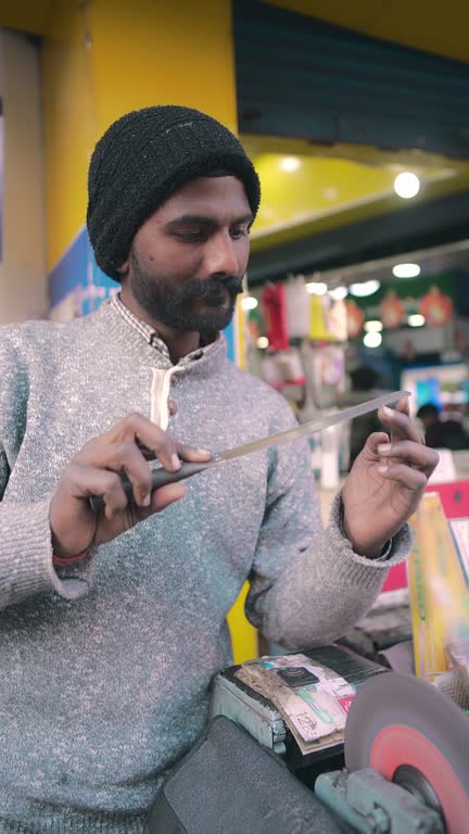 Man sharpens knife using a grinder machine.