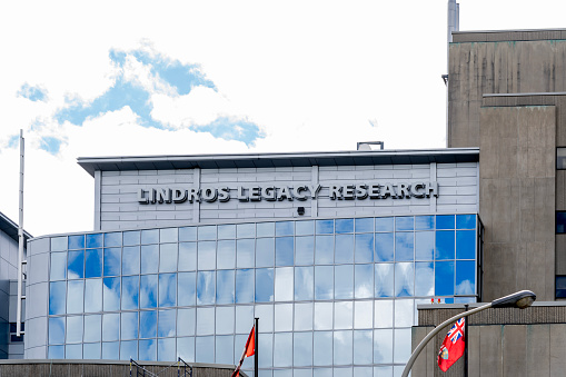 London, Ontario, Canada - August 30, 2020: Lindros Legacy Research building, located at London Health Sciences Centre’s (LHSC) University Hospital in London, Ontario, Canada.