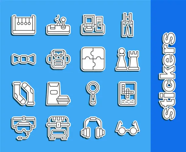 Vector illustration of Set line Eyeglasses, Crossword, Chess, Monitor with keyboard, School backpack, Bow tie, Pendulum and Piece of puzzle icon. Vector