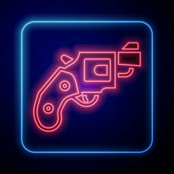 Vector illustration of Glowing neon Small gun revolver icon isolated on blue background. Pocket pistol for self-defense. Ladies revolver. Spy Weapon. Vector