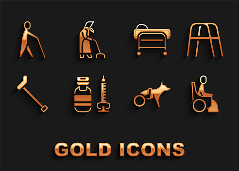 Set Syringe Walker Woman wheelchair Dog Walking stick cane Stretcher Blind human holding and Grandmother icon. Vector.