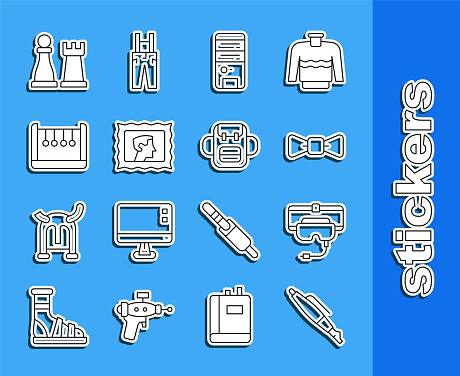 Set line Fountain pen nib Virtual reality glasses Bow tie Computer Postal stamp Pendulum Chess and School backpack icon. Vector.