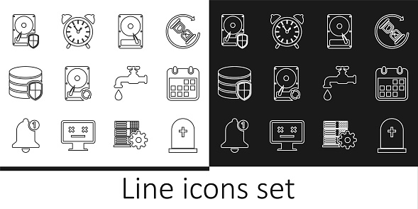 Set line Tombstone with cross Calendar Hard disk drive HDD sync refresh Database protection Water tap and Alarm clock icon. Vector.