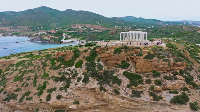 Aerial view of ruins on Archaeological Site of Sounion Drone in Athens.