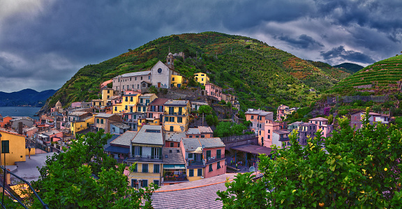 Cinque Terre views from hiking trails of seaside villages on the Italian Riviera coastline. Summer 2023. Liguria, Italy, Europe.