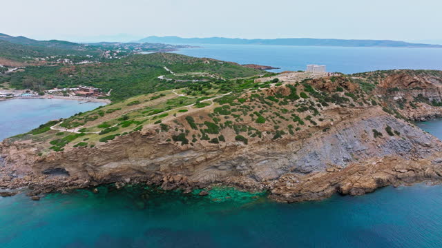 Aerial view of ruins on Archaeological Site of Sounion Drone in Athens.