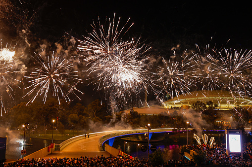 Adelaide, Australia. 1st Jan 2024. Adelaide sees in the new year with an amazing fireworks display over the River Torrens with the Adelaide Oval in the background. Credit Matthew Starling / Alamy Live News.