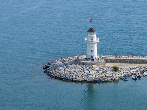 Lighthouse in the port of Alanya. Antalya, Turkey.  Taken via drone