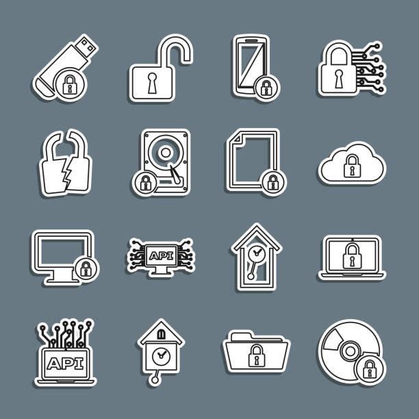 ilustrações de stock, clip art, desenhos animados e ícones de set line cd or dvd disk with lock, laptop and, cloud computing, smartphone, hard drive, broken cracked, usb flash and document icon. vector - open harddisk flash