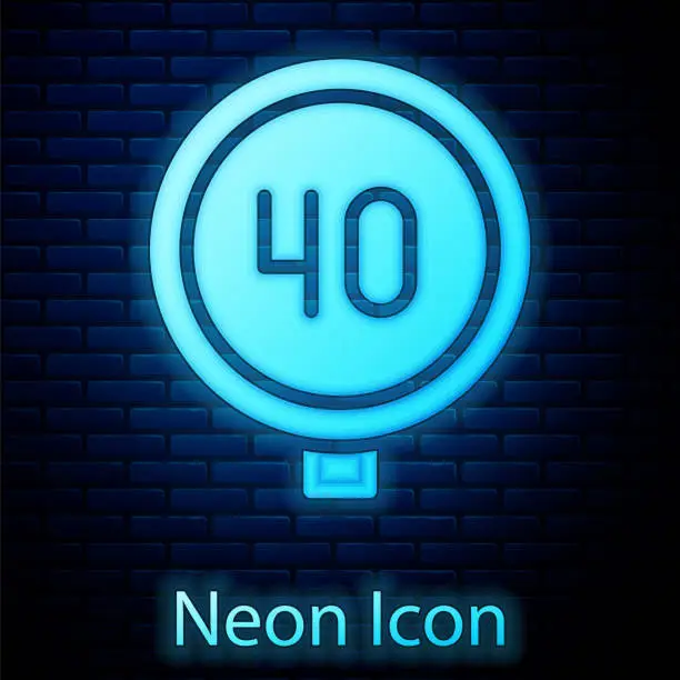 Vector illustration of Glowing neon Speed limit traffic sign 40 km icon isolated on brick wall background. Vector