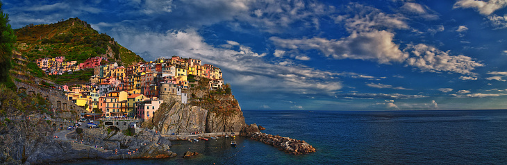 Cinque Terre views from hiking trails of seaside villages on the Italian Riviera coastline. Liguria, Italy, Europe. 2023 Summer.
