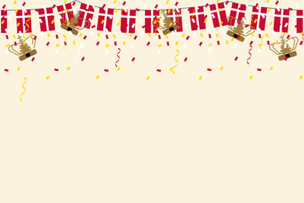 ilustrações, clipart, desenhos animados e ícones de dinamarca bandeira bunting coroação rei com confete fita coroa moldura borda fundo banner para decoração celebração desfile cerimônia festa vector ilustração - bandeira dinamarquesa
