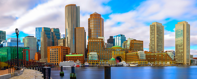 Boston Harbor and Financial District Skyline Panorama in Massachusetts, USA