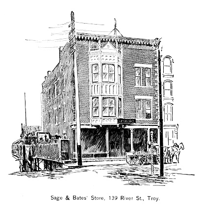Store owned by Russell Sage and his partner Bates in Sage's early career. Illustration engraving published 1895 edition is from my own archives. Copyright has expired and is in Public Domain.
