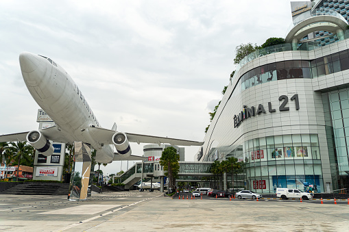 Pattaya, Thailand. May 29, 2023/ Front of the new modern shopping mall Terminal 21, concept depicting an international airport themed on many to represent famous cities around the world.