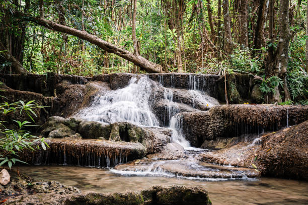 beautiful erawan waterfall in kanchanaburi province southeast asia thailand - erawan falls fotos imagens e fotografias de stock