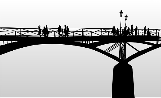 Silhouette illustration of a European bridge with just pedestrians and no cars.