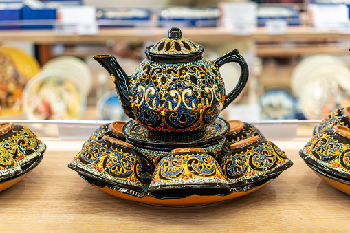 Beautiful tea set of teapot and cups for sales, handicraft items, passing from generation to generation, old crafting.
