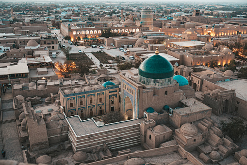 Uzbekistan Cityscape of Itchan Kala seen from top of Islam-Khodja minaret. Khiva