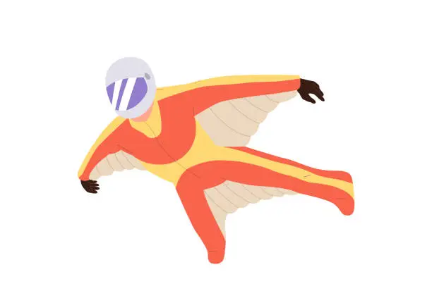 Vector illustration of Human person figure cartoon character paragliding in special suit with wings and protective helmet