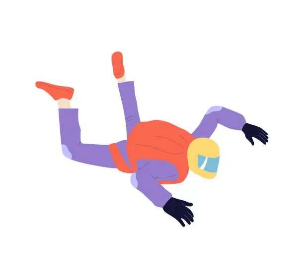 Vector illustration of Person cartoon character wearing protective suit and helmet during skydiving jump free flight