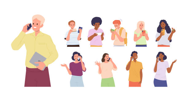 verschiedene personencharaktere, die mobiltelefone für anrufe, online-kommunikation und soziale medien verwenden - am telefon stock-grafiken, -clipart, -cartoons und -symbole