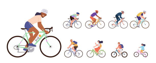 illustrazioni stock, clip art, cartoni animati e icone di tendenza di personaggi dei cartoni animati felici della gente che cavalcano biciclette sportive e biciclette di ricreazione insieme isolato su bianco - ciclismo