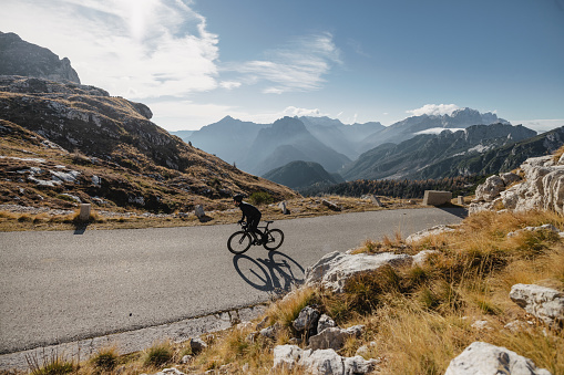 A photo showcases a professional cyclist's ride through nature, focusing on his skill and speed. The cyclist's intense gaze creates a sense of action and adventure.