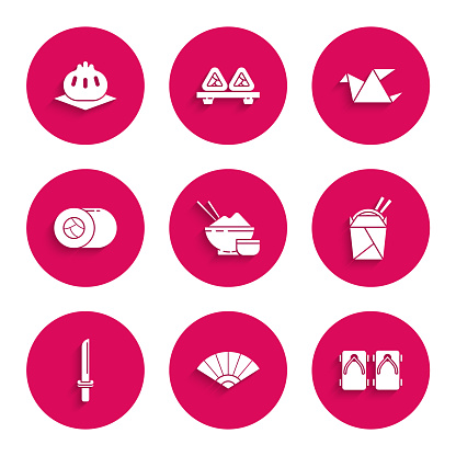 Set Rice in a bowl with chopstick Geta traditional Japanese shoes Asian noodles paper box and chopsticks katana Sushi Origami bird and Khinkali cutting board icon. Vector.