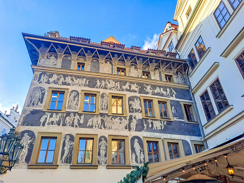 Beautiful old painted house in the center of Prague near the Old Town Square. Czech. High quality photo