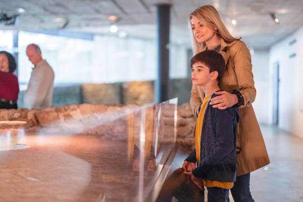 un jeune fils caucasien regardant les artefacts du musée d’histoire à travers la vitre tandis que sa mère se tient à côté de lui - child serious museum indoors photos et images de collection